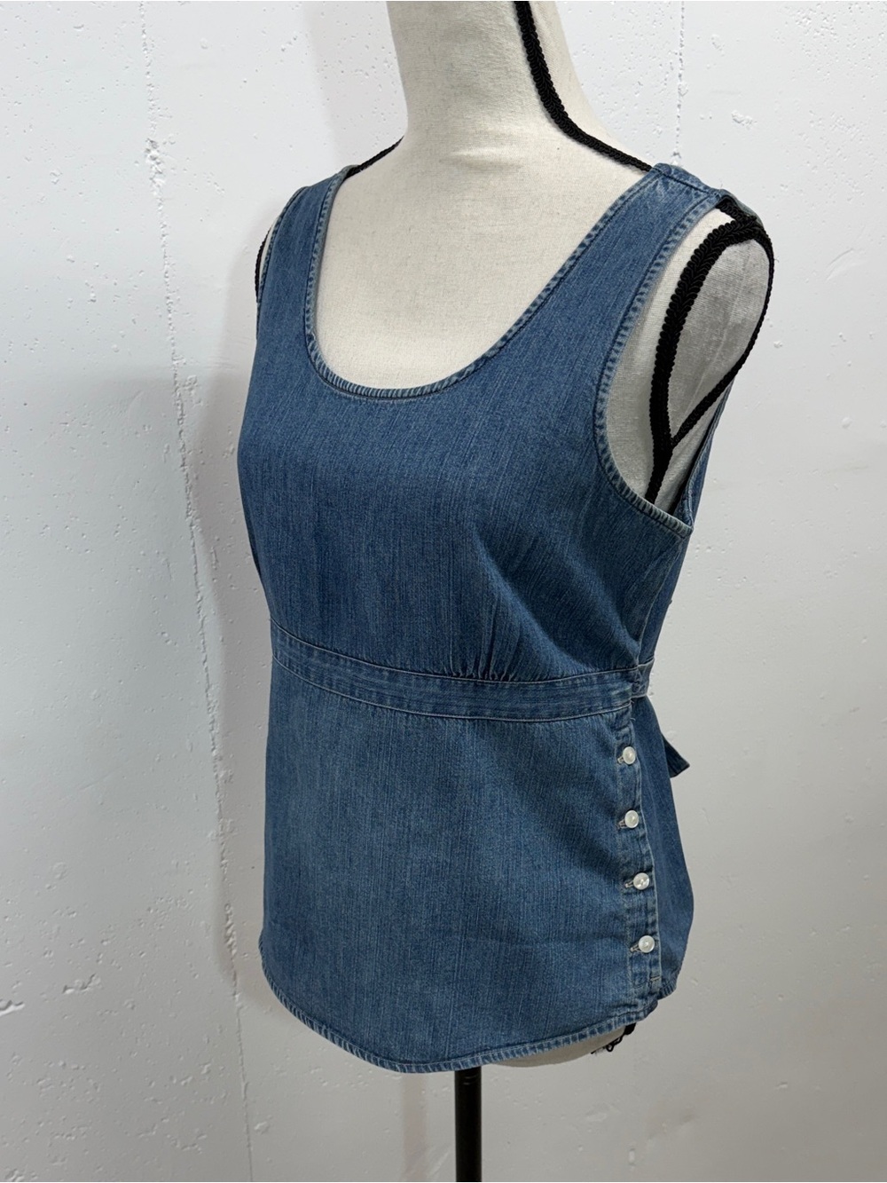 Women's Denim Sleeveless Top - Blue. Wear it as a vest side detail